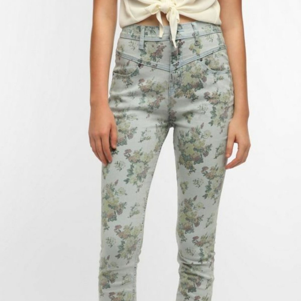 BDG High Rise Seam Jeans M 28 Twig Skinny Watercolor Floral Urban Outfitters